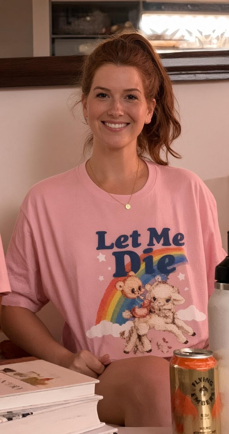 Kate Broderick in a pink t-shirt, smiling.